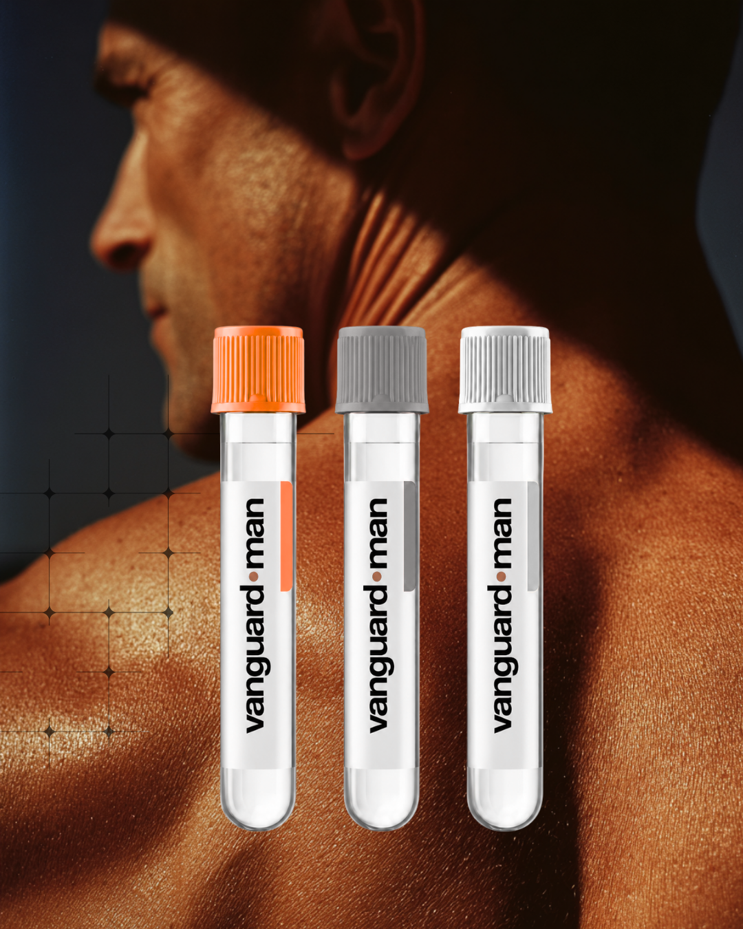 Three Vanguard Man branded blood sample collection tubes