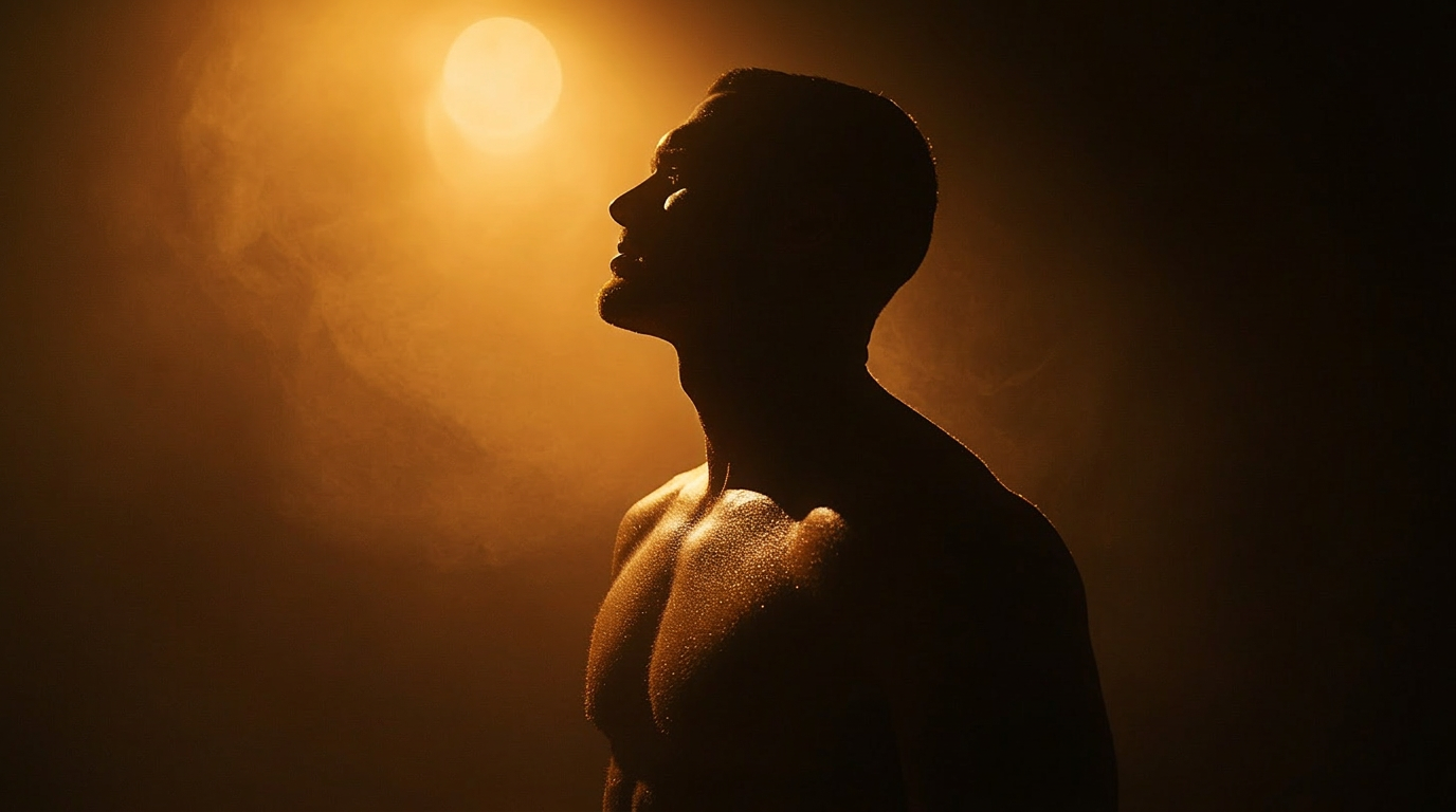A man in profile, lit by warm amber sun