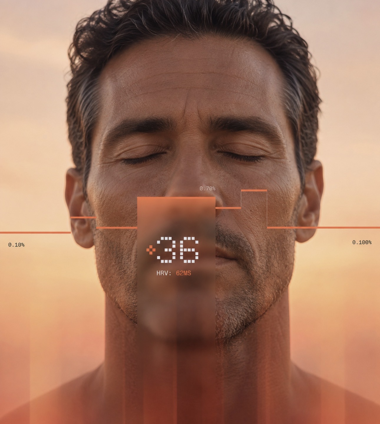 Biometric HUD reading over a calm, optimized man