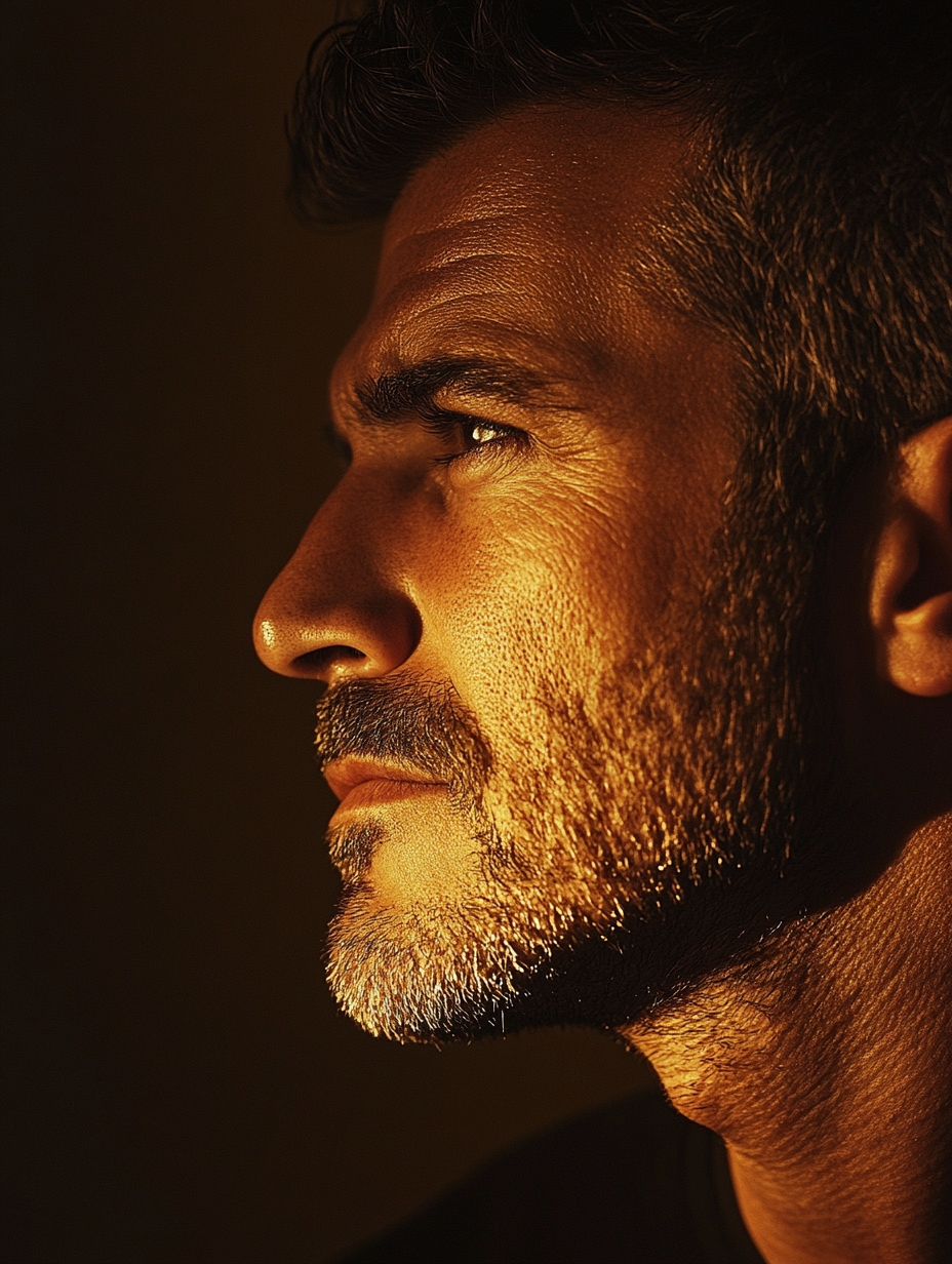 Profile of a focused man lit in warm amber light